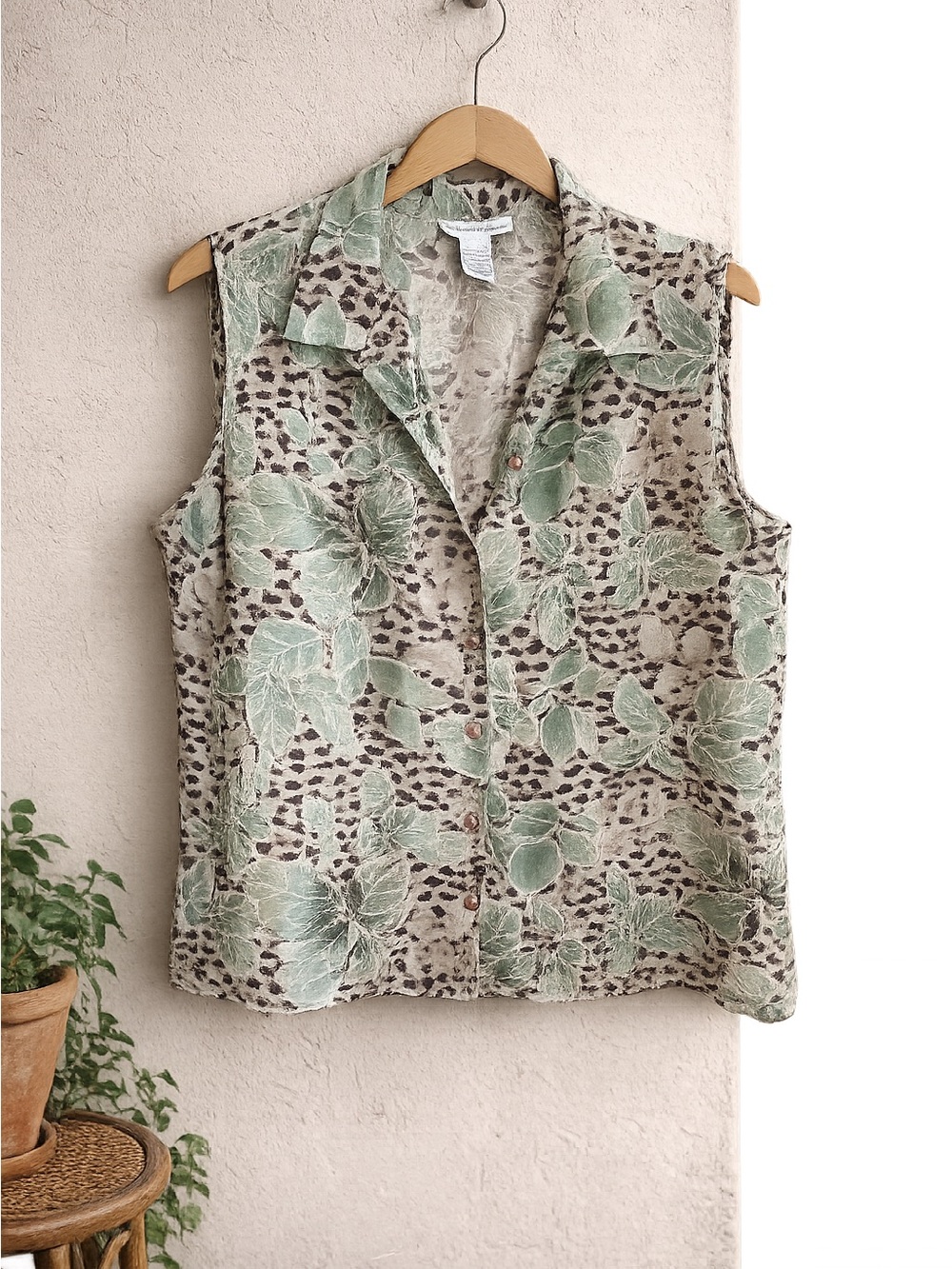 100% Silk Vintage Sleeveless Shirt | Sheer Print+Tropical Leaves | Size XL